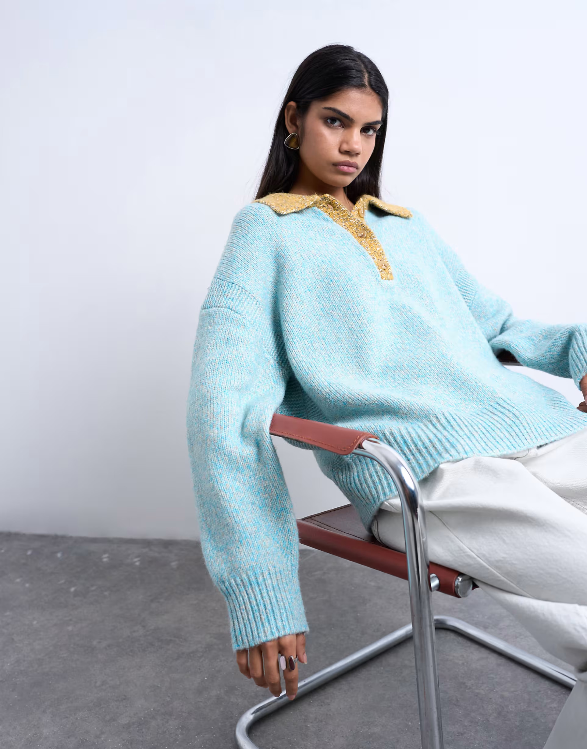 Topshop knitted oversized twist yarn contrast collar polo in blue | ASOS | ASOS (Global)