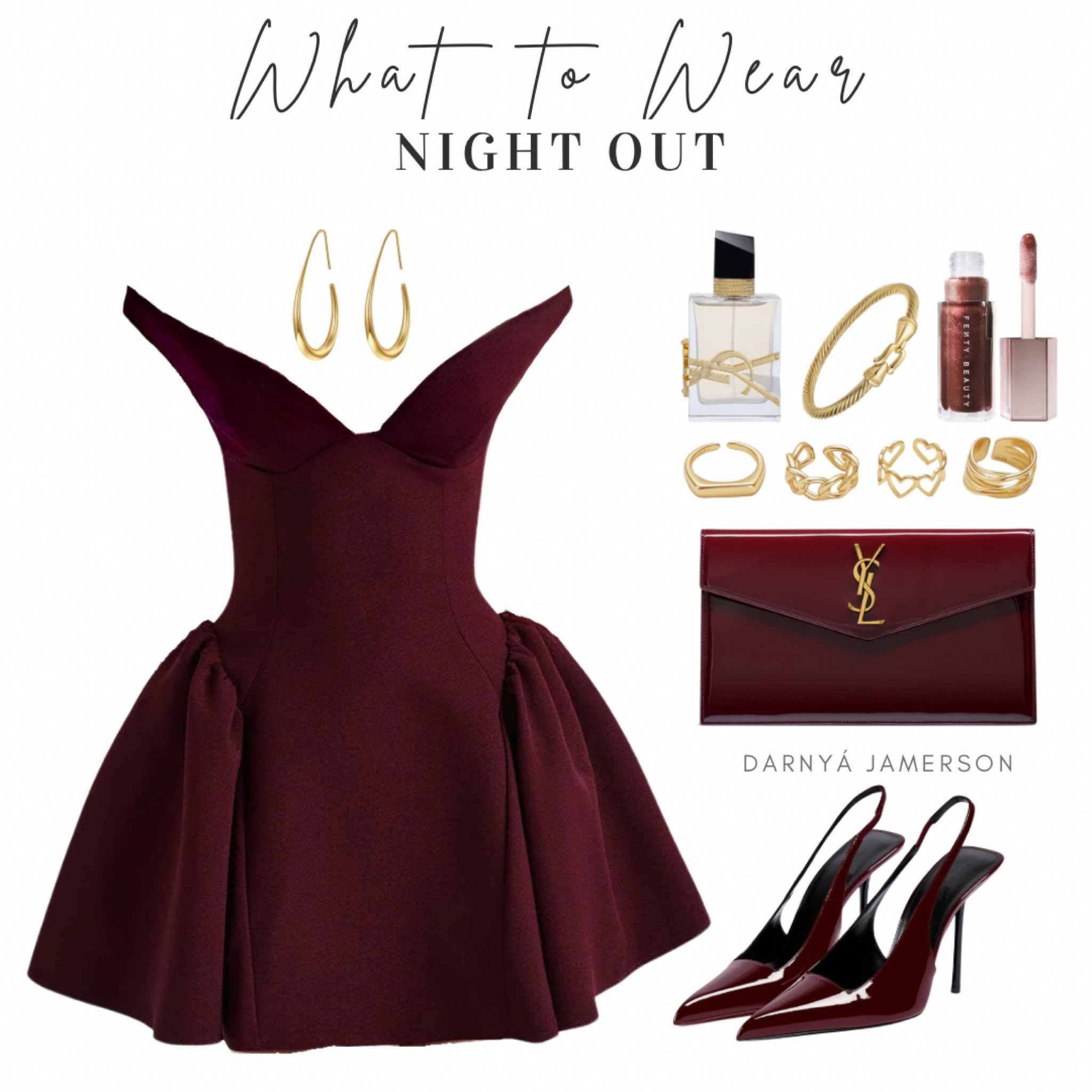 Stepping out in style ✨ This burgundy look is giving luxury, confidence, and main character energy. From the voluminous Marla dress to the sleek YSL clutch, every detail is a moment. Would you wear this for a night out?

Bardot neckline, elasticated back strap, the skirt, tulle, voluminous, playful look, Night Out Look, Burgundy Aesthetic, Date Night Outfit, LuxuryFashion, Statement Dress, What To Wear, OOTN, Chic And Timeless, Fashion Inspo, burgundy corset dress, mini dress, structured fit, flared skirt, gold accessories, hoop earrings, layered bracelets, statement rings, burgundy patent clutch, YSL clutch, shimmer lipgloss, Fenty lip gloss, YSL perfume, libre perfume, gold perfume bottle, slingback heels, pointed-toe heels, burgundy stilettos, elegant heels, date night outfit, cocktail party look, clubbing attire, fancy dinner outfit, holiday party style, girls’ night out, sophisticated ensemble, chic fashion, trendy nightwear, Valentine’s Day, Galentine’s Day, luxurious style, elevated evening look. 

#LTKStyleTip #LTKBeauty #LTKParties
