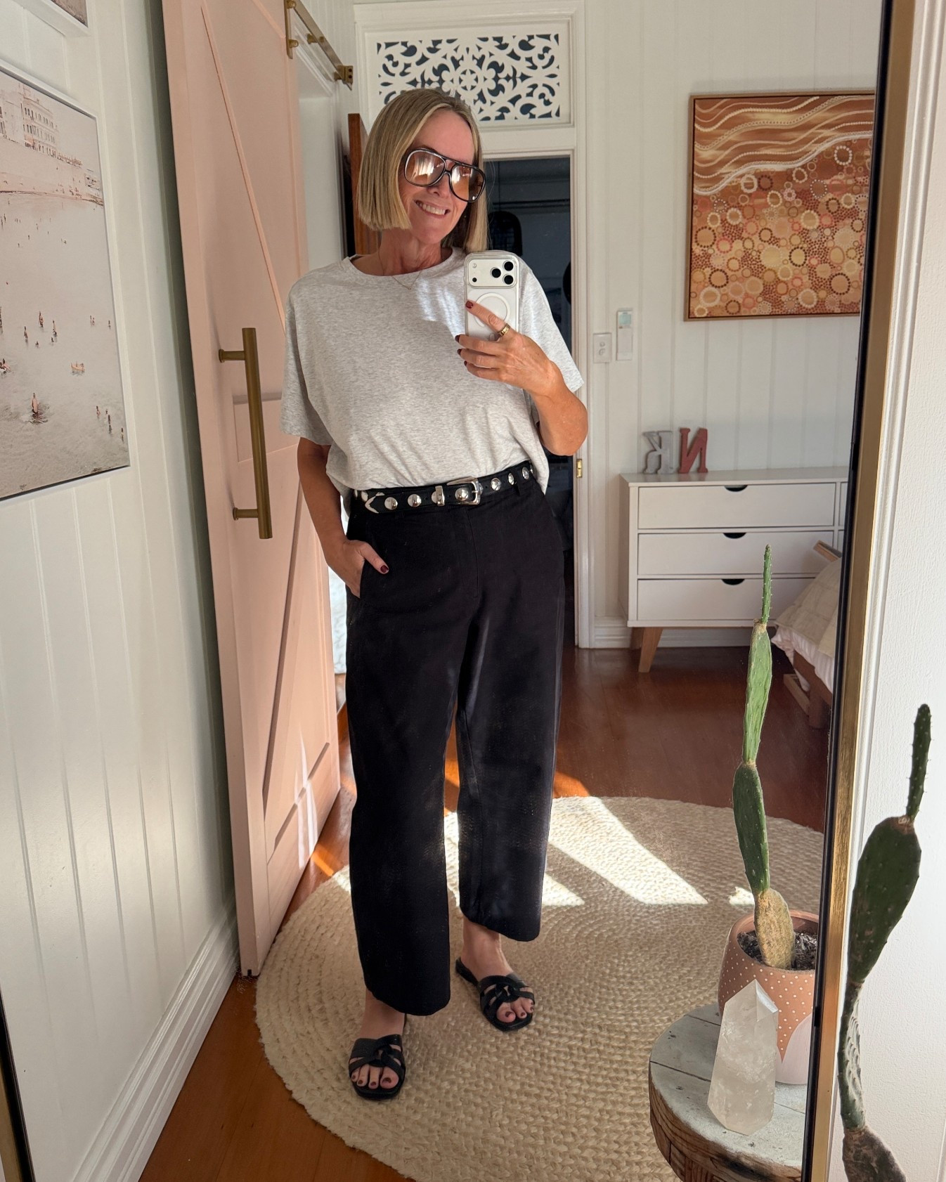 Tee (size AU14/US10)
Pants (size L - hemmed to 66cm inside leg)
Shoes: FRANKIE4 Tate slides

#LTKaustralia #LTKmidsize #LTKover50style