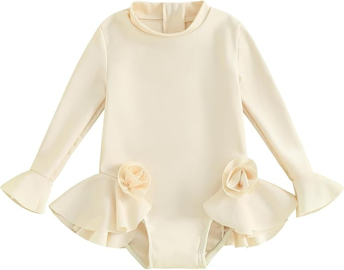 Kids Toddler Girls 3D Flower Swimsuit Flare Long Sleeve Ruffle Bodysuit One Piece Rashguard Swims... | Amazon (US)