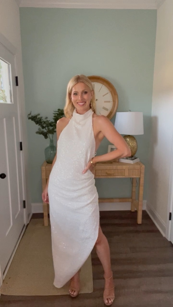 Perfect for rehearsal dinner, engagement photos, or a reception dress!  I ended up wearing this for my engagement photos and then changed into this at the end of the reception! The halter neckline is flattering and the back, sequins, and slit add some fun! #wedding #engagement #bridal #bridallooks