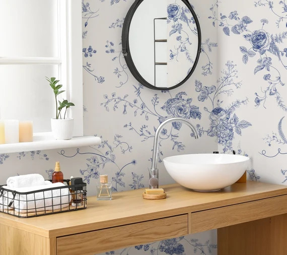 Chinoiserie Floral Drawing Wallpaper Peel and Stick Monochrome - Etsy | Etsy (US)