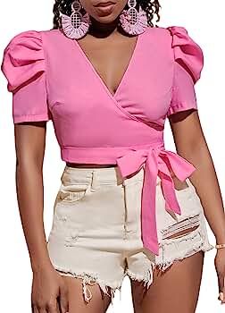 WDIRARA Women's Wrap V Neck Puff Short Sleeve Tie Front Crop Blouse Casual Tops | Amazon (US)