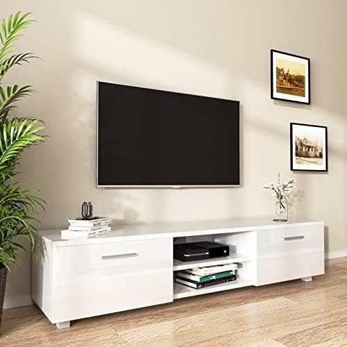High Gloss TV Stand for 70 inch TVs Low TV Console Table with 2 Hidden Compartments and 2 Tier Me... | Amazon (US)