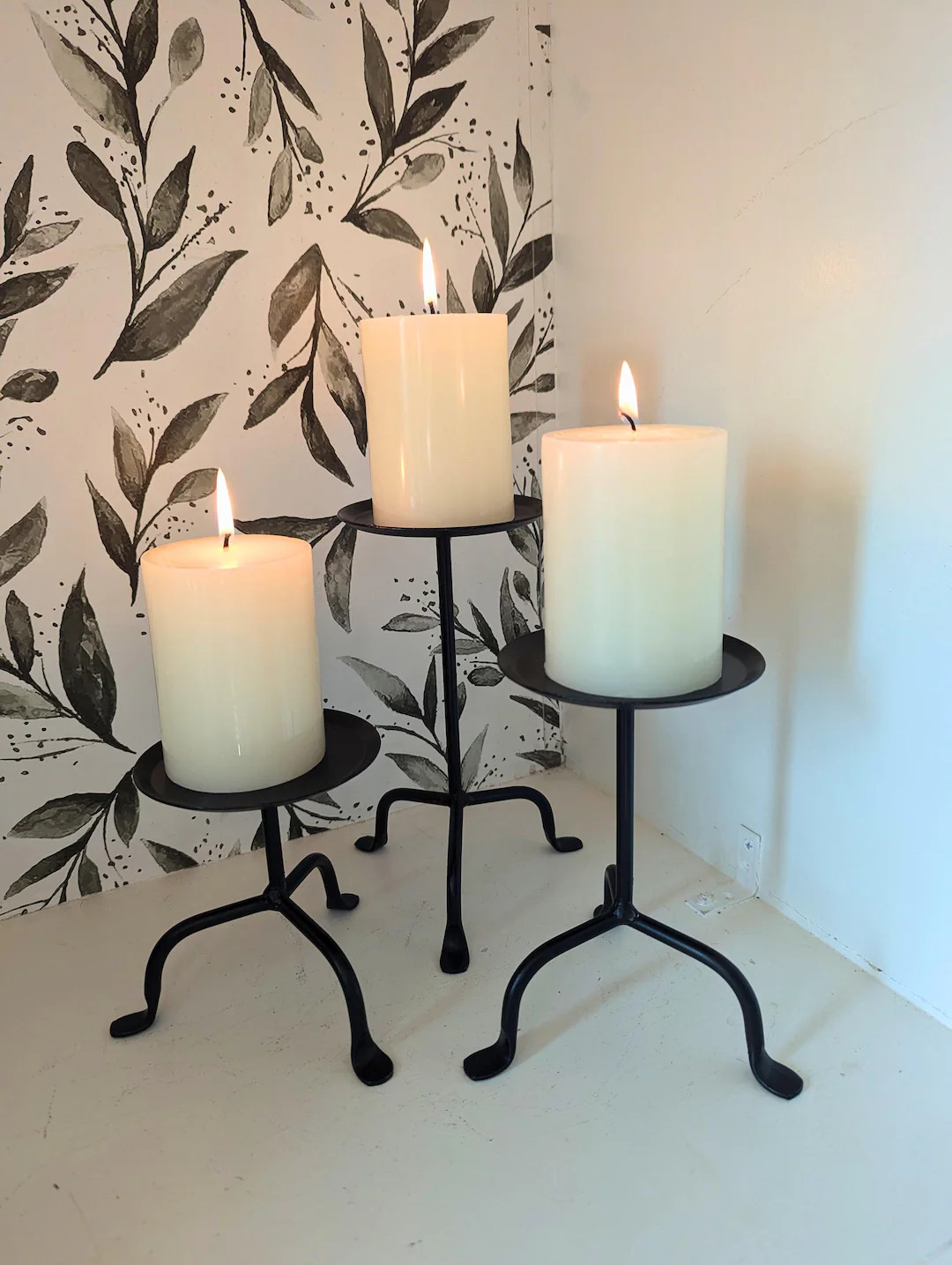 Wrought Iron Pillar Candle Holder Set – Rustic Farmhouse Decor - Etsy | Etsy (US)