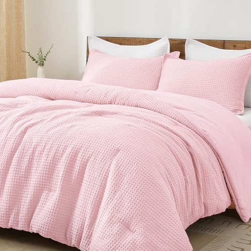 PHF 3 Pieces Waffle Weave Comforter Set King Size, Lightweight Breathable Comfy Bedding Set for All Season, Ultra Soft Textured Comforter Set with 2 Pillow Shams, Pink | Amazon (US)