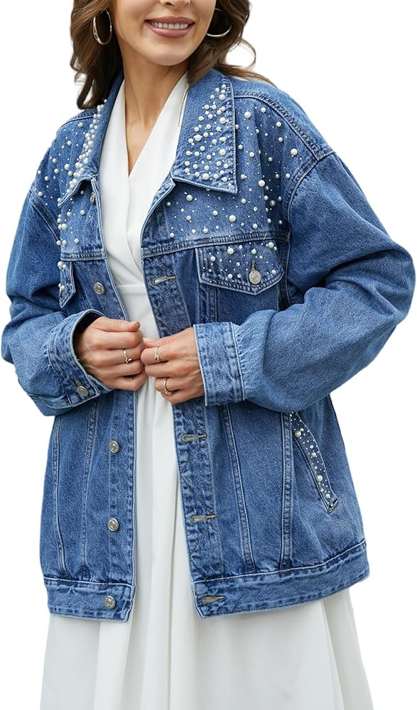 Jean Jacket for Women, Oversize Denim Jacket Trendy, Women's Long Jean Jackets Trucker Coat | Amazon (US)