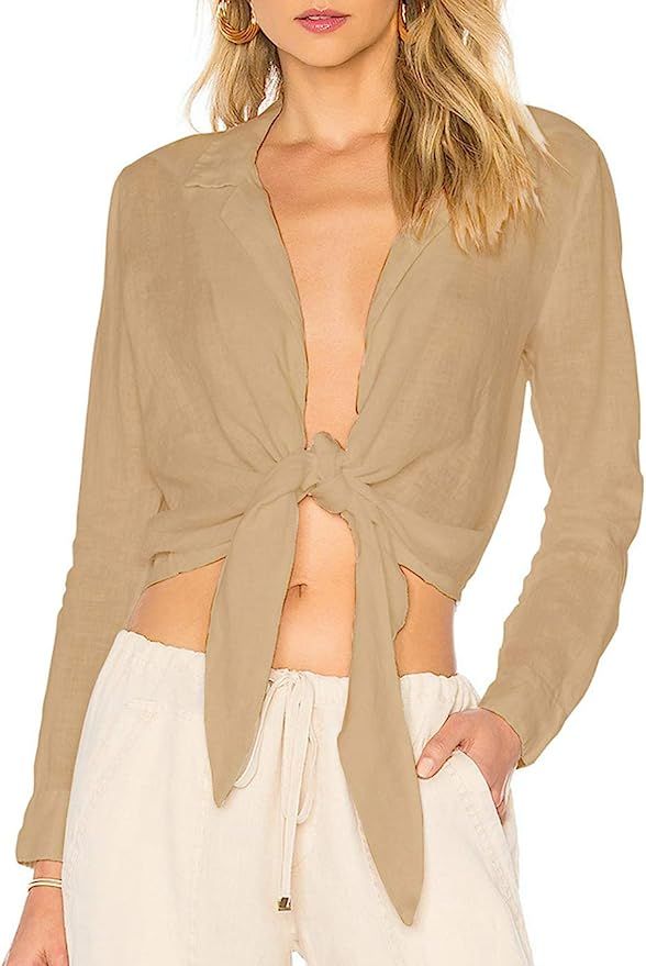 Women's Long Sleeve T Shirts Bikini Swimsuit Beach Tie Front Knot Button Down Blouses Tops | Amazon (US)
