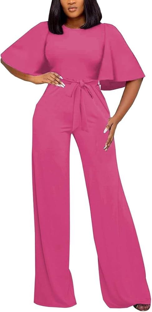 BessCops Womens Loose Short Sleeve Belted Wide Leg Pant Romper Jumpsuit Casual Business One Piece... | Amazon (US)