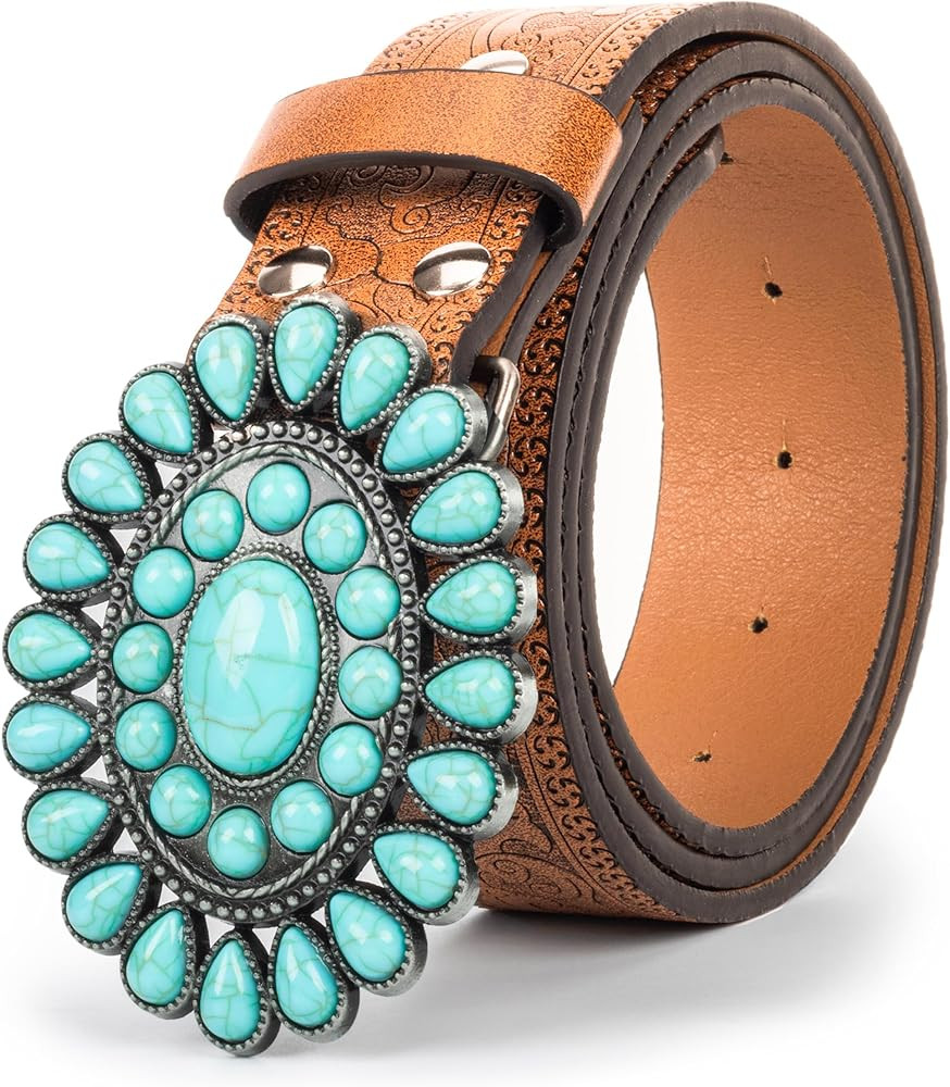 Women Men Country Western Turquoise Belts, Embossed PU Leather Retro Cowgirl Belts for Jeans Dres... | Amazon (US)