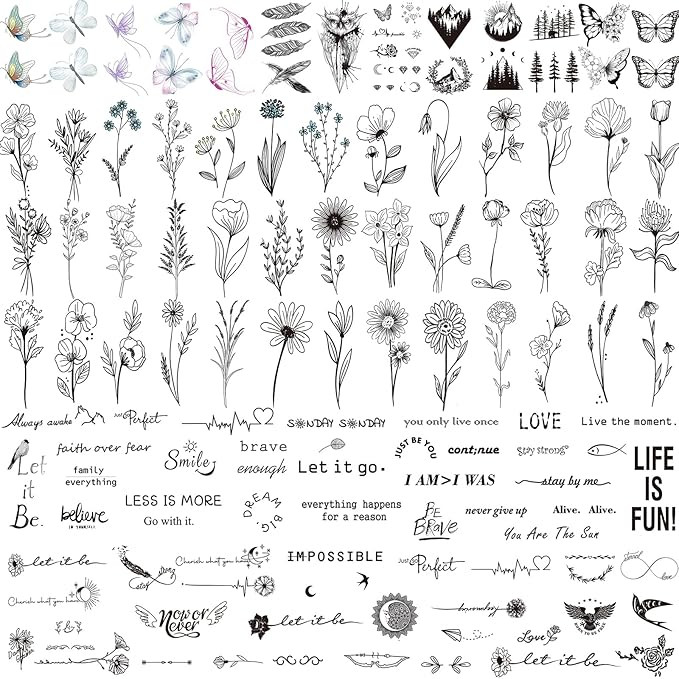 100 Sheets Realistic Temporary Tattoos, 240+ Pcs Multicolor Modern Floral & Inspirational Words T... | Amazon (US)