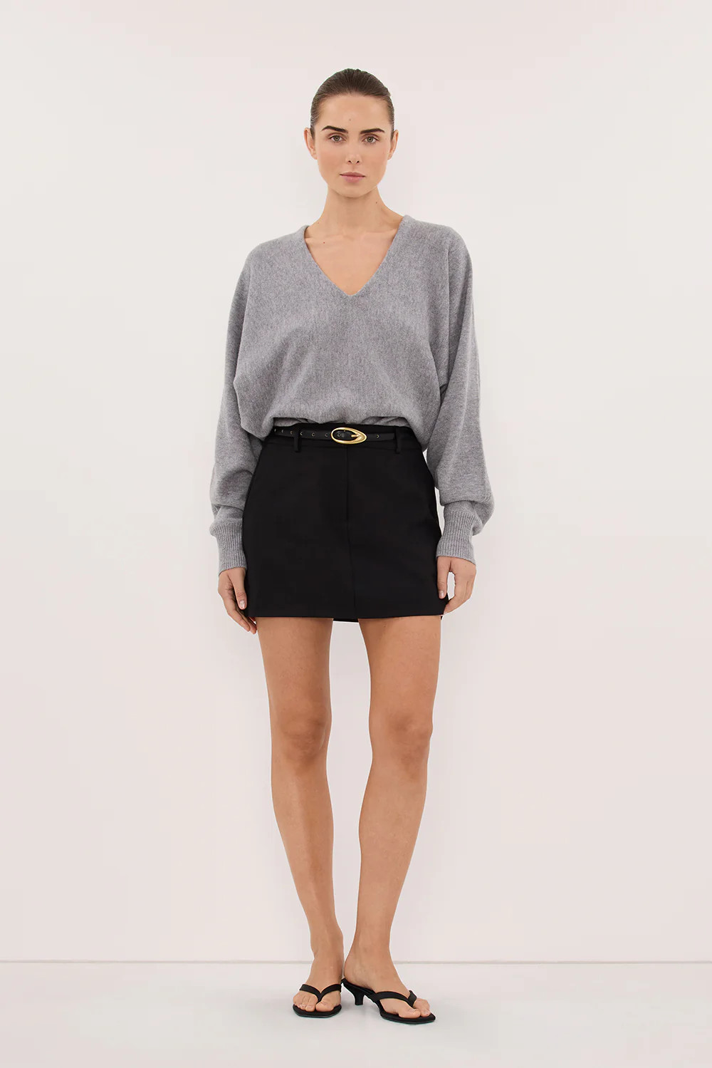 LUMI GREY MARLE V NECK MERINO KNIT JUMPER | DISSH