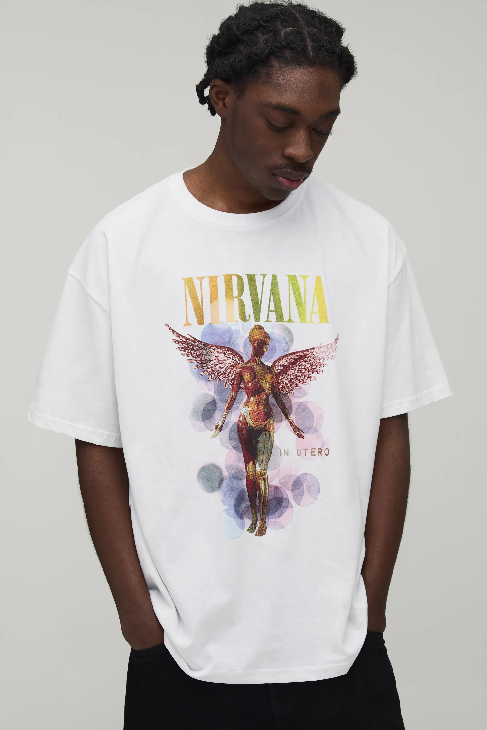 White boohooMAN Oversized Nirvana Printed License T-shirt | Boohoo NL | Boohoo.com (NL)