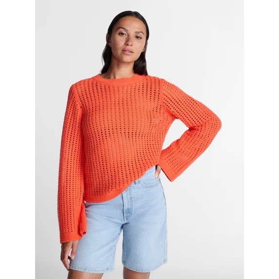 Time and Tru Women’s Textured Cotton Sweater with Long Sleeves, Lightweight, Sizes XS-XXXL - Wa... | Walmart (US)