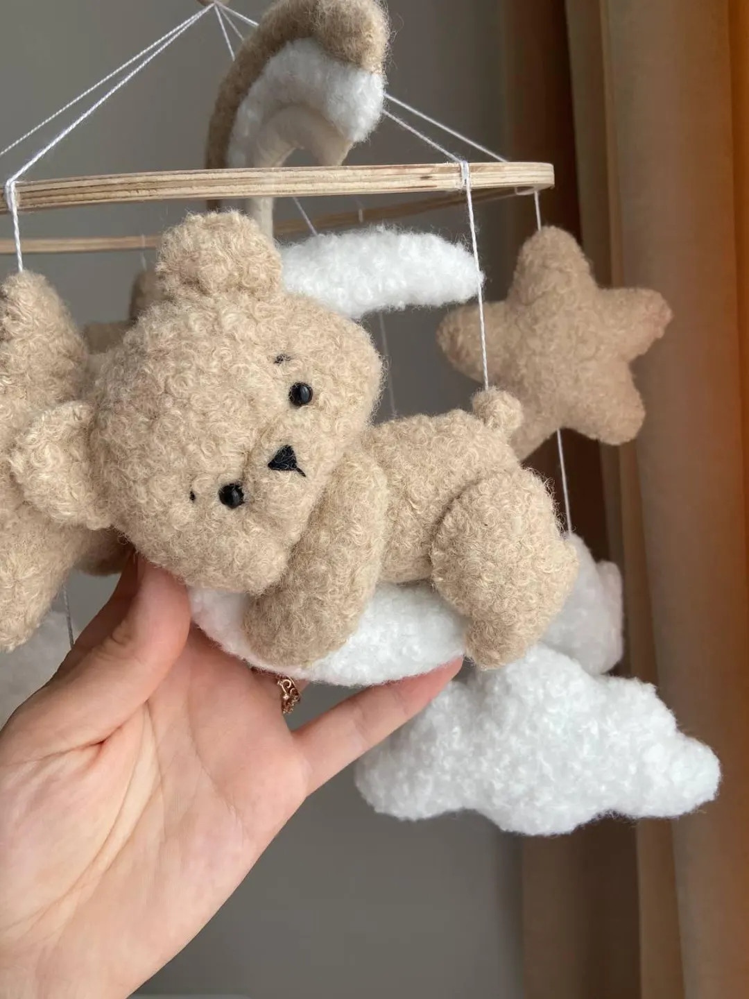 Handmade Teddy Bear Baby Mobile – Neutral Nursery Decor, Plush Crib Mobile with Stars and Cloud... | Etsy (US)