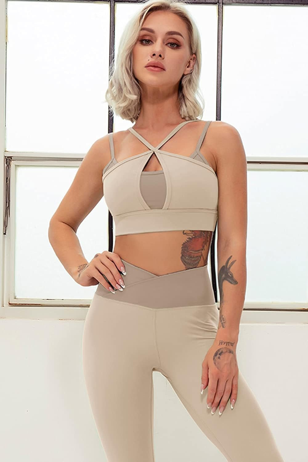 QINSEN Workout Outfits for Women 2 Piece Cross Front Straps Sport Bra GMY Fitted Tummy Control Le... | Amazon (US)