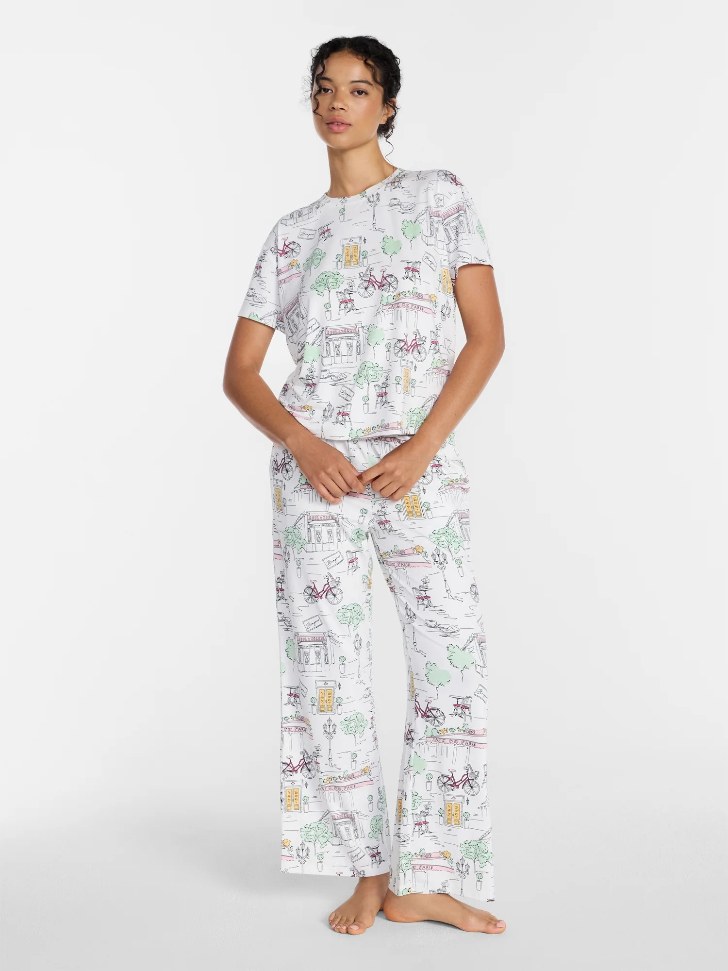Joyspun Women's Dreamy Soft Collection Short Sleeve Sleep Top and Open Leg Pants Pajama Set, 2-Pi... | Walmart (US)