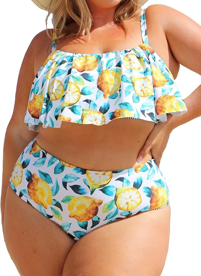 CUPSHE Women's Plus Size Bikini Set Leaf Lemon Printed Ruffles Swimsuit | Amazon (US)