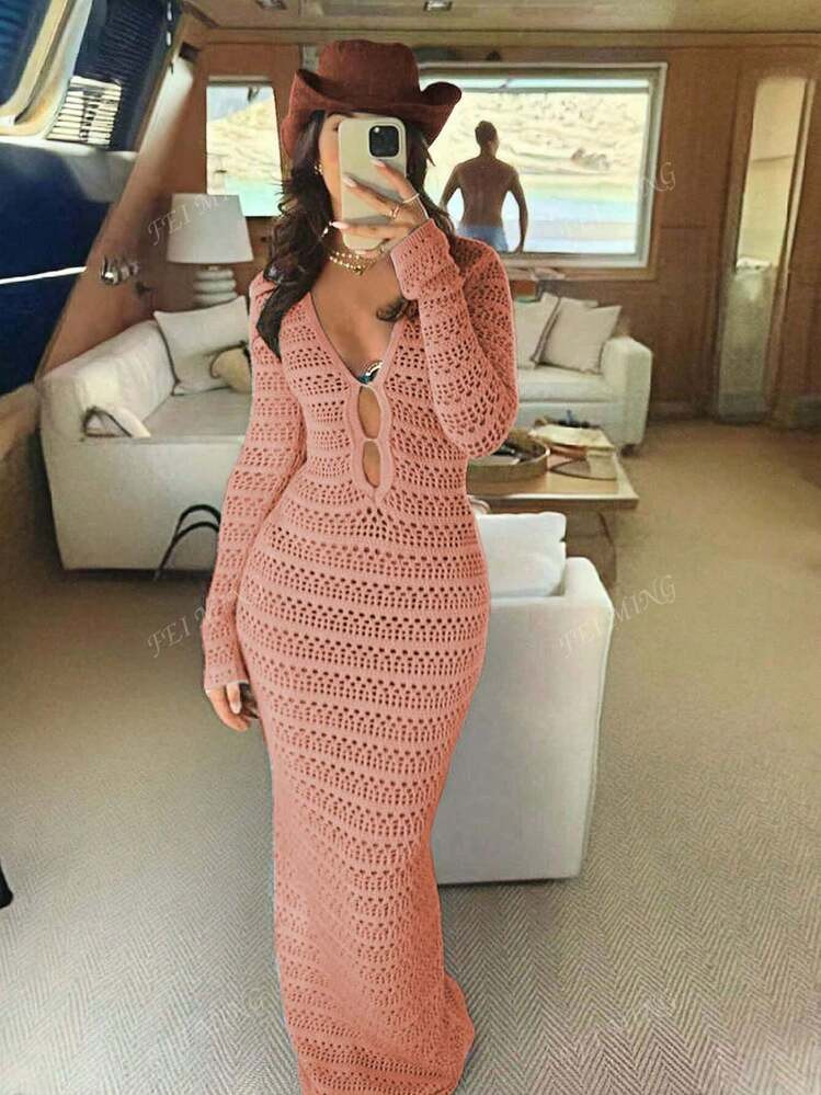 V-Neck Hollow-Out Solid Color Long Sleeve Maxi Knit Cover Up Dress, For Summer Beach Vacation | SHEIN
