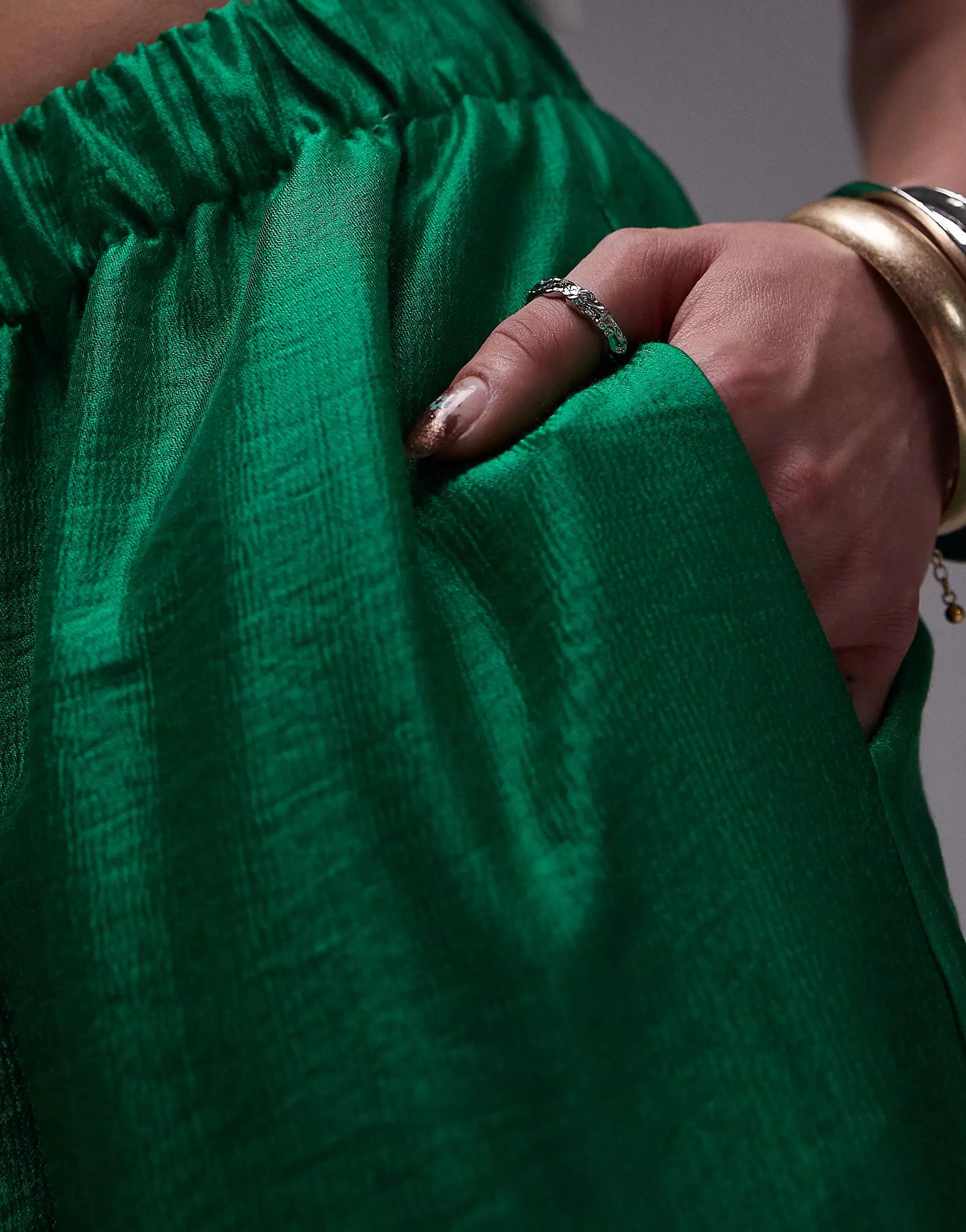 Topshop textured satin straight leg drawcord trouser in green | ASOS (Global)