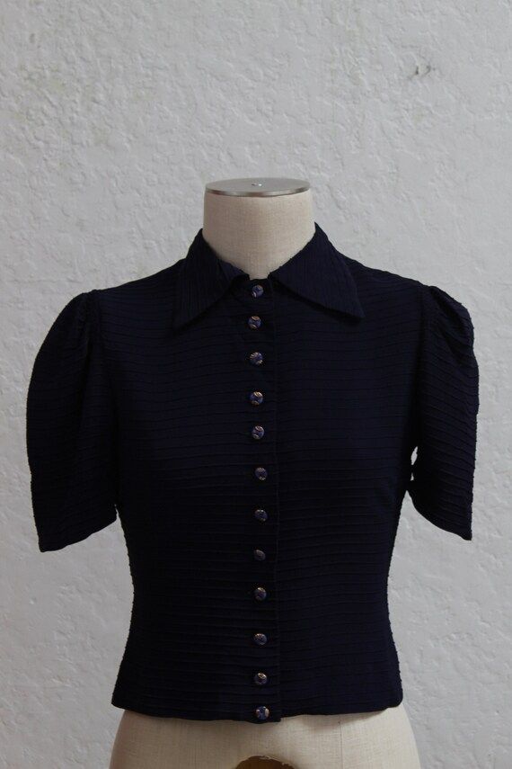 1930's "Registered Fashion Originators Guild" Navy Blue Ribbed Blouse with Short Puff Sleeves / S... | Etsy (US)