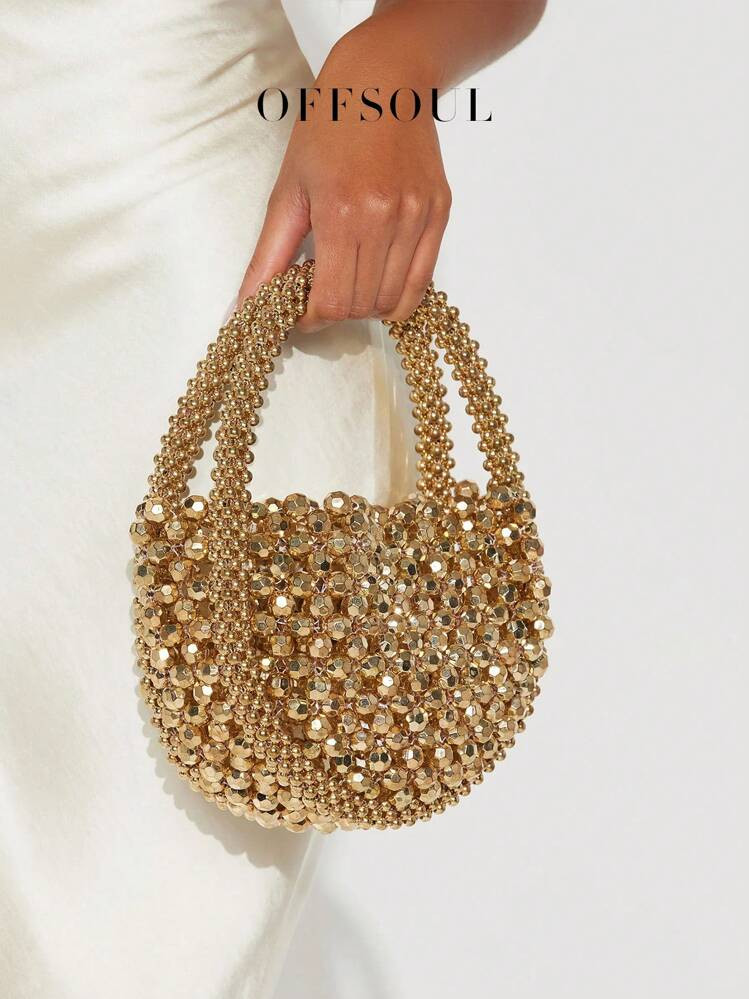 French Elegant Hollow Metallic Beaded Woven Pearl Round Handle Bag, Shiny Glamorous Shoulder Bag ... | SHEIN