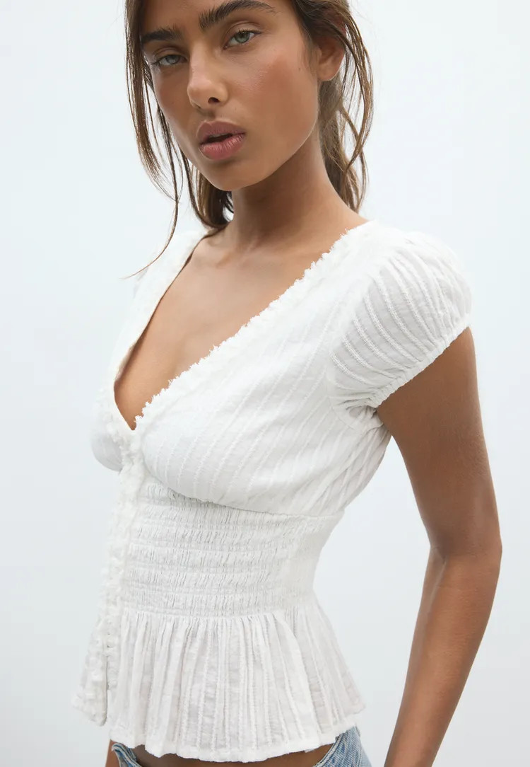 Short sleeve shirred shirt - Women's Blouses | Stradivarius United Kingdom | Stradivarius (UK)