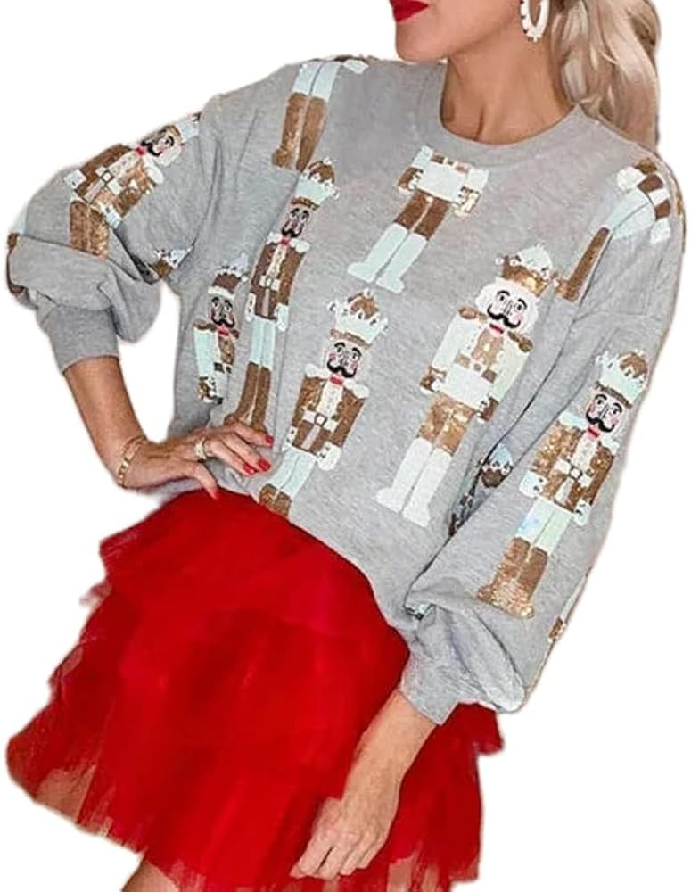 NUFIWI Women Chrisrtmas Sequin Nutcracker Sweatshirts Long Sleeve Cute Sparkly Shirts Xmas Crewne... | Amazon (US)