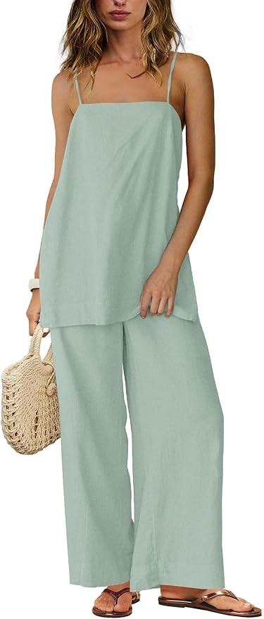 Yanekop Linen Sets for Women 2 Piece Pants Summer Outfits Matching Lounge Sets Spaghetti Strap Ta... | Amazon (US)