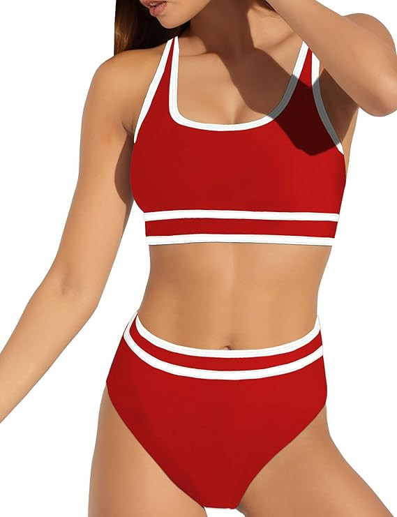 Women's High Waisted Bikini Sets Two Piece Swimsuits for Women Sporty Color Block Cheeky High Cut... | Amazon (US)
