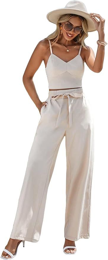 Verdusa Women's 2 Piece Outfits Shirred Spaghetti Strap Crop Cami Top with Wide Leg Pants | Amazon (US)