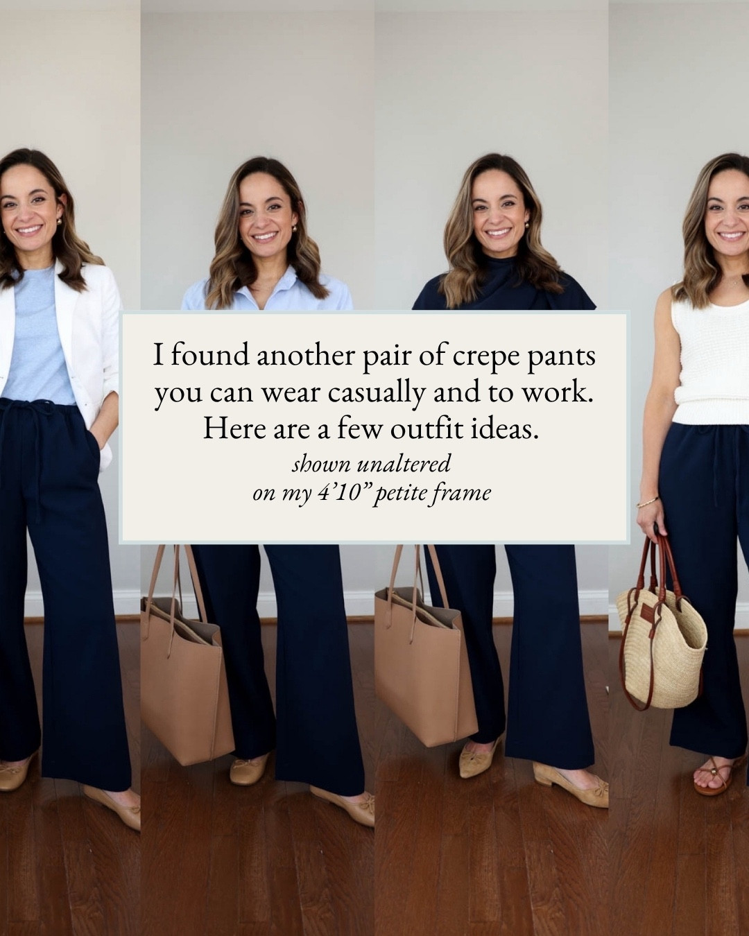 I found another pair of crepe pants you can wear casually and to work! 

Very similar to Aritzia’s Lodge Pants. An inch shorter (27” inseam) and the fabric is a little thicker the the lodge pants. They run a little large. I recommend a size down if in between sizes. 

Pants (LOFT): petite xxs 

Outfit 1 
Sweater tank (Quince): xs 
Sandals (Dolce Vita): true to size 

Outfit 2 
Top (Aritzia): xxs 
Flats (Sam Edelman): true to size 

Outfit 3 
Blazer (J.Crew Factory): petite 00 
Short Sleeve Sweater (J.Crew Factory): xxs 
Shoes (Sam Edelman): true to size

Outfit 4 
Top (Quince): xs - oversized 

Outfit 5 
Top (J.Crew): xxs 
Flats (J.Cree Factory): true to size 


#LTKPetite