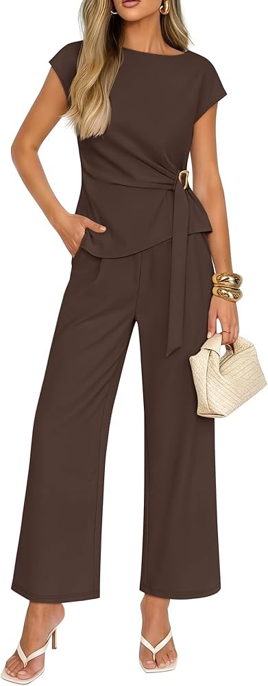ZESICA Women's 2026 Summer 2 Piece Outfit Sets Casual Short Sleeve Knit Belted Tops and Wide Leg ... | Amazon (US)