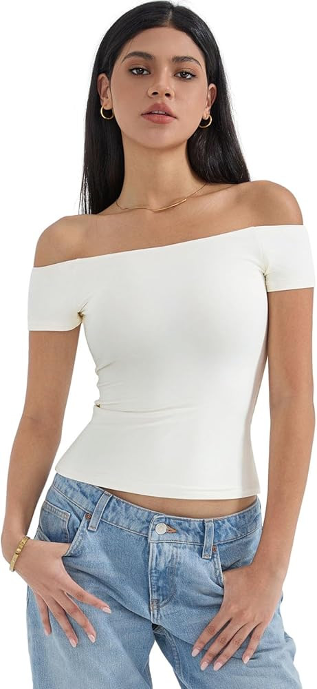 SUUKSESS Women Double Lined Off The Shoulder Tops Fitted Going Out Basic Shirts | Amazon (US)