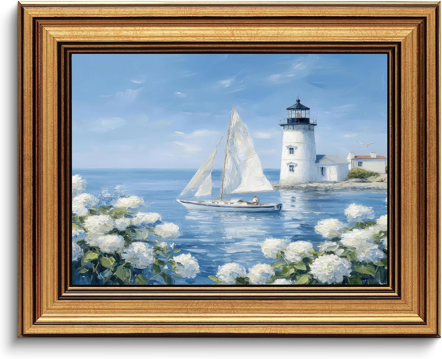 ZWTJPLN Vintage Gold Frame Lighthouse Sailboat Hydrangea Canvas Wall Art, Coastal Nautical Wall D... | Amazon (US)