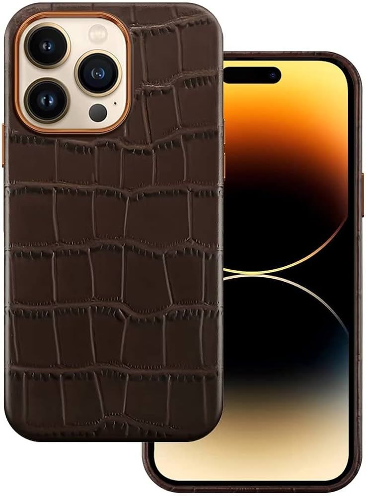 Compatible with iPhone 14 Pro Leather Case,Genuine Cowhide Leather Case Embossed Crocodile Patter... | Amazon (US)