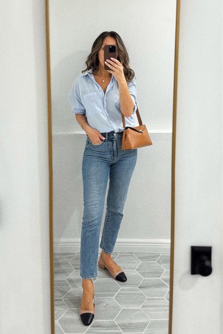Oversized Button down in xs 
Slingback flats - I sized up a 1/2 size. 
Exact jeans are old but linking the current style along with a couple of very similar ones. 

#LTKSaleAlert #LTKStyleTip #LTKOver40