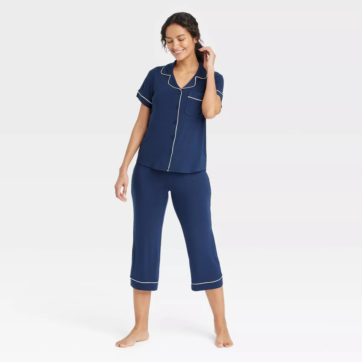 Women's Cloud Knit Short Sleeve Notch Collar Top and Cropped Pants Pajama Set - Auden™ | Target