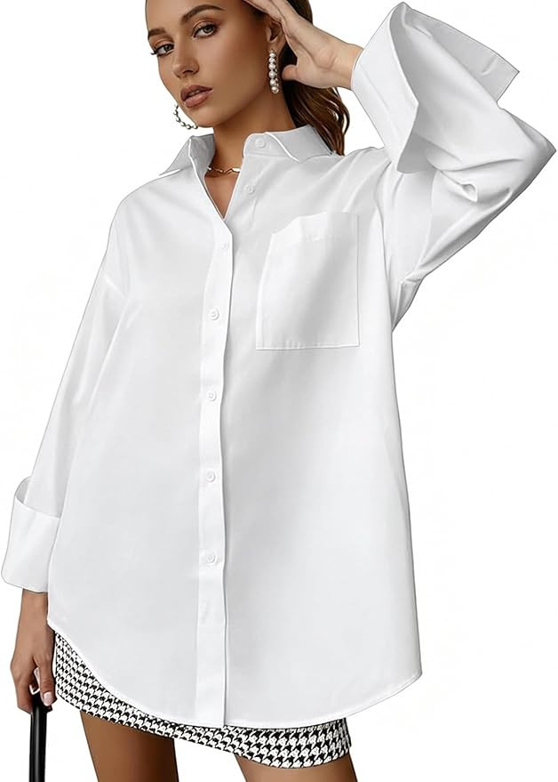 Women's Oversize Collar Button Down Long Sleeve Work Blouse Top | Amazon (US)