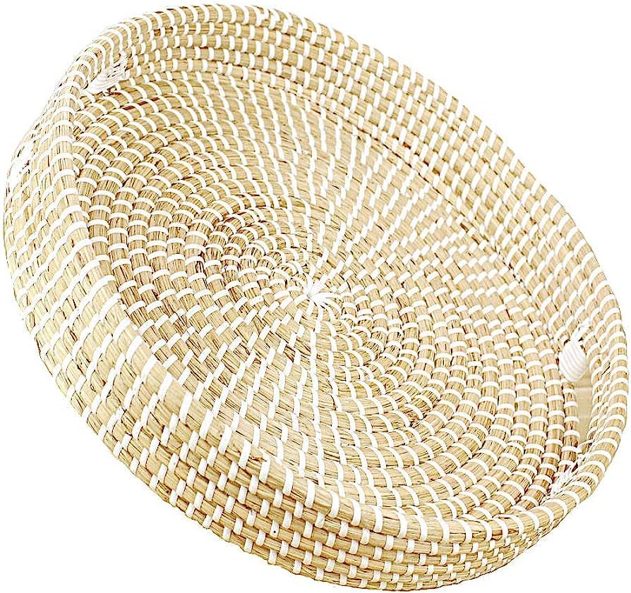 Natural Seagrass Woven Basket Round Serving Tray with Handles Coffee Table Tray Hand Woven Storag... | Amazon (US)