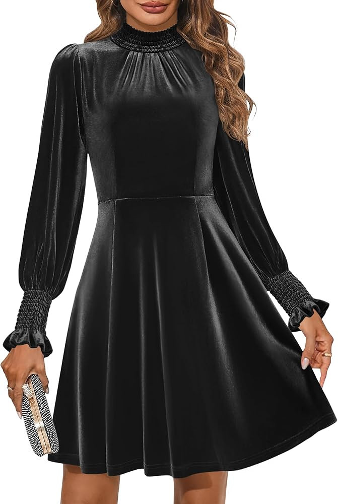 ZESICA Women's Fall Velvet Mini Dress 2024 Long Sleeve Mock Neck High Waist Ruffle A Line Flowy P... | Amazon (US)