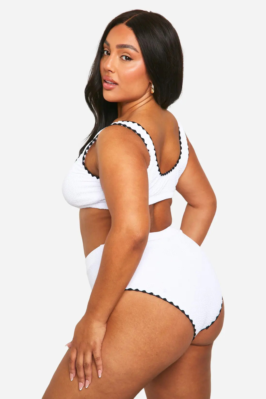 White Plus Crinkle Contrast Edge High Waisted Bikini Brief | Boohoo USA | boohoo (US & Canada)