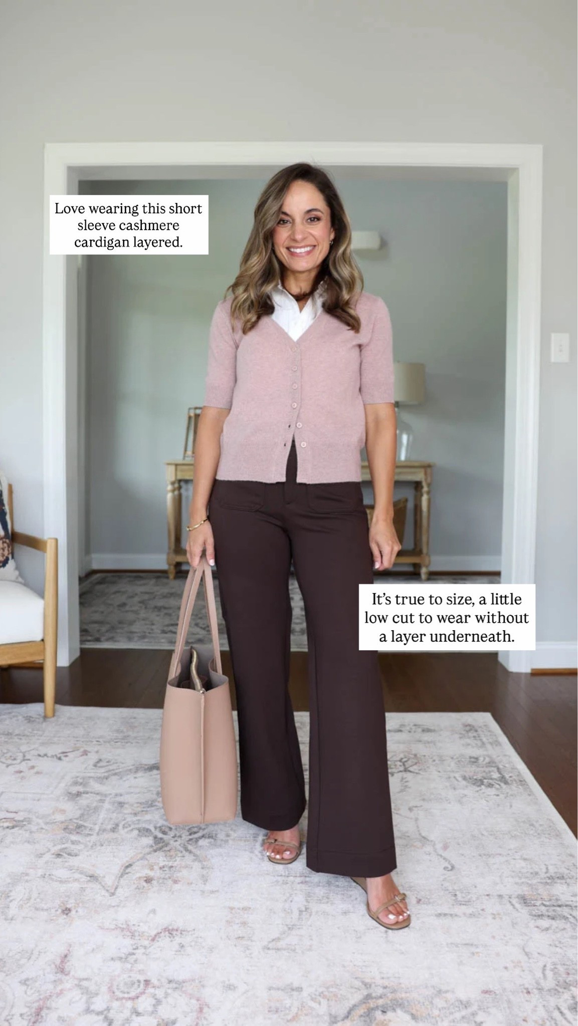 If you’re looking for more capsule pieces you can wear to work and casually too here are a few more pieces from Quince I love. 

Short sleeve cardigan: xs 
Pants (LOFT): petite 00 - 10” rise, 28” inseam, I need a low heel
Top (JCrew Factory): xxs