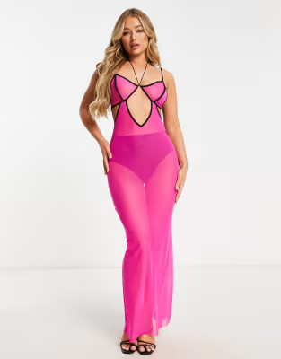 ASOS DESIGN cut out mesh maxi beach dress with contrast binding in pink | ASOS (Global)