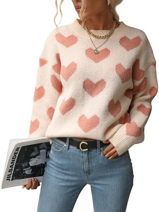 Akivide Womens Cute Aesthetic Heart Cream Sweaters Trendy Fall Pullover Crewneck Long Sleeve Soft... | Amazon (US)