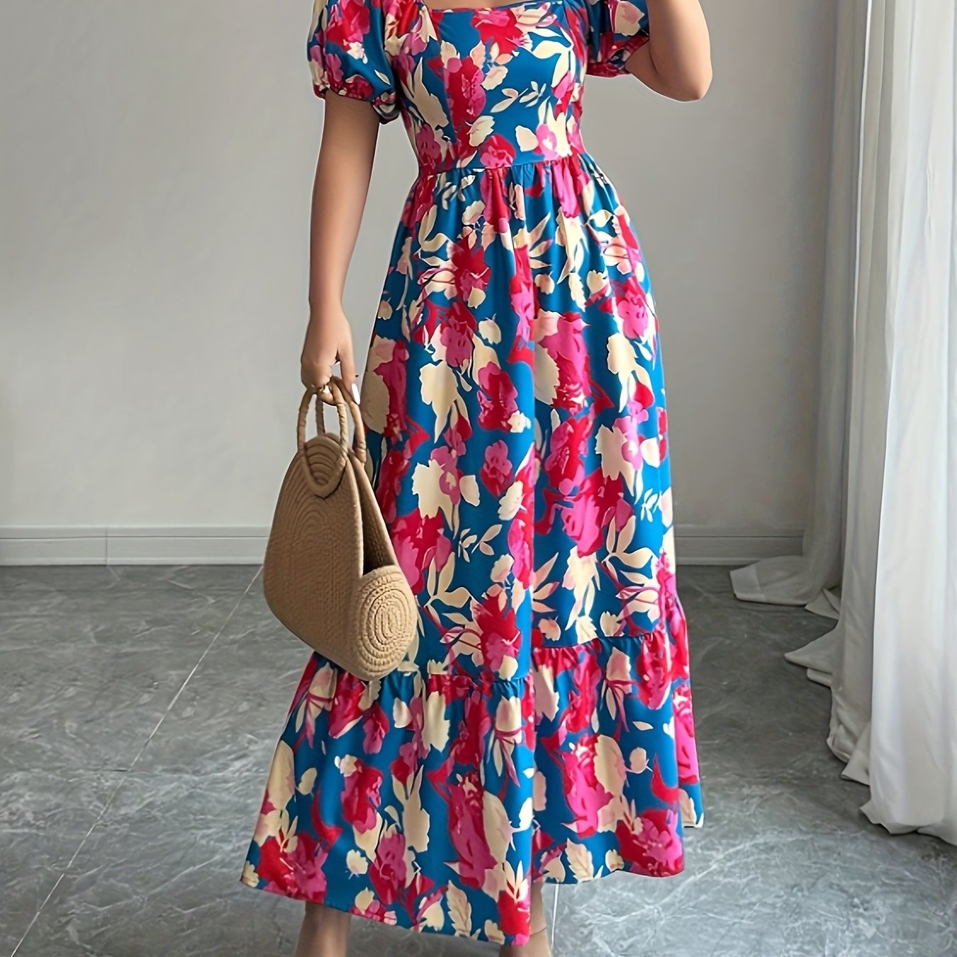 women's floral print puff sleeve square neck dress fitted - Temu Canada | Temu Affiliate Program
