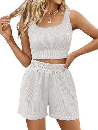 Trendy Queen Two Piece Summer Outfits 2 Piece Sets 2026 Sleeveless Matching Lounge Crop Top High Waisted Short White M | Amazon (US)