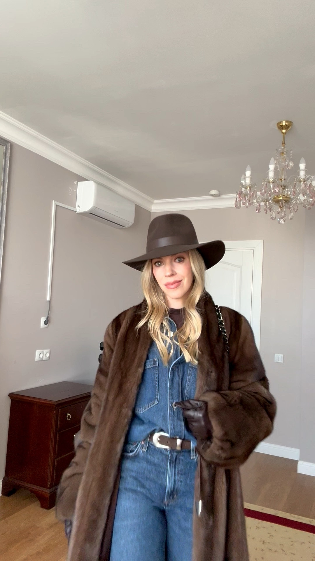 Chocolate brown fur coat, all denim look, denim on denim, denim shirt, @Shopbop dark wash jeans, @Janessa Leone brown wool hat, western style 

#LTKSeasonal #LTKootd #LTKgrwm