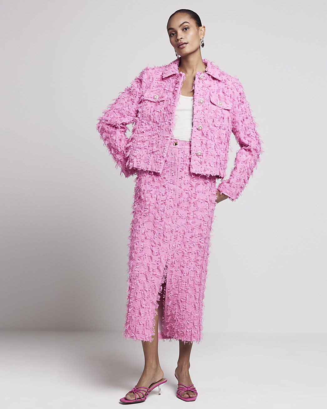 Pink textured pencil midi skirt | River Island (UK & IE)