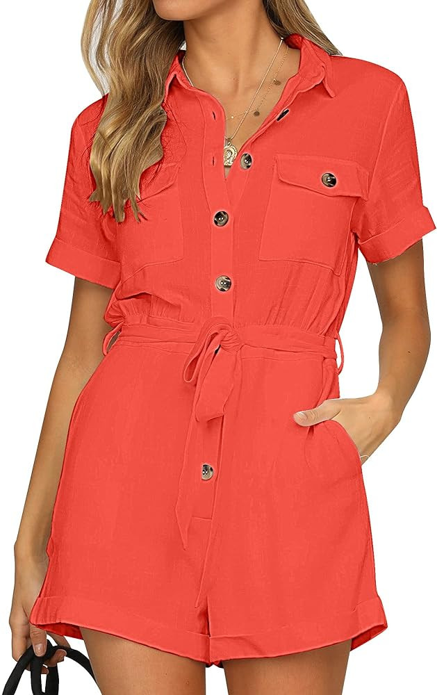 GRAPENT Women's Summer Short Sleeve Button Down Pockets Belted Jumpsuits Rompers | Amazon (US)